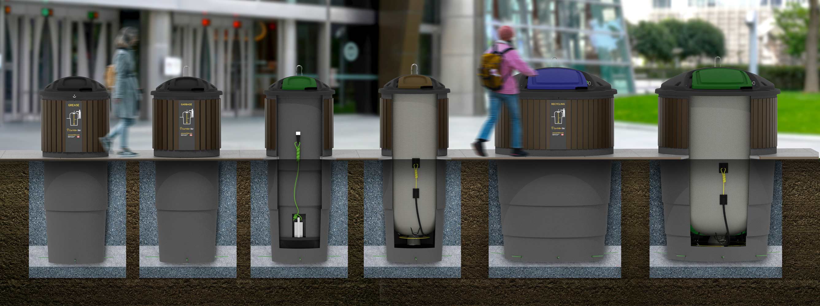 Cutaway illustration showing the full EarthBin Silo product line including grease and recycling units, with underground containers visible below grade