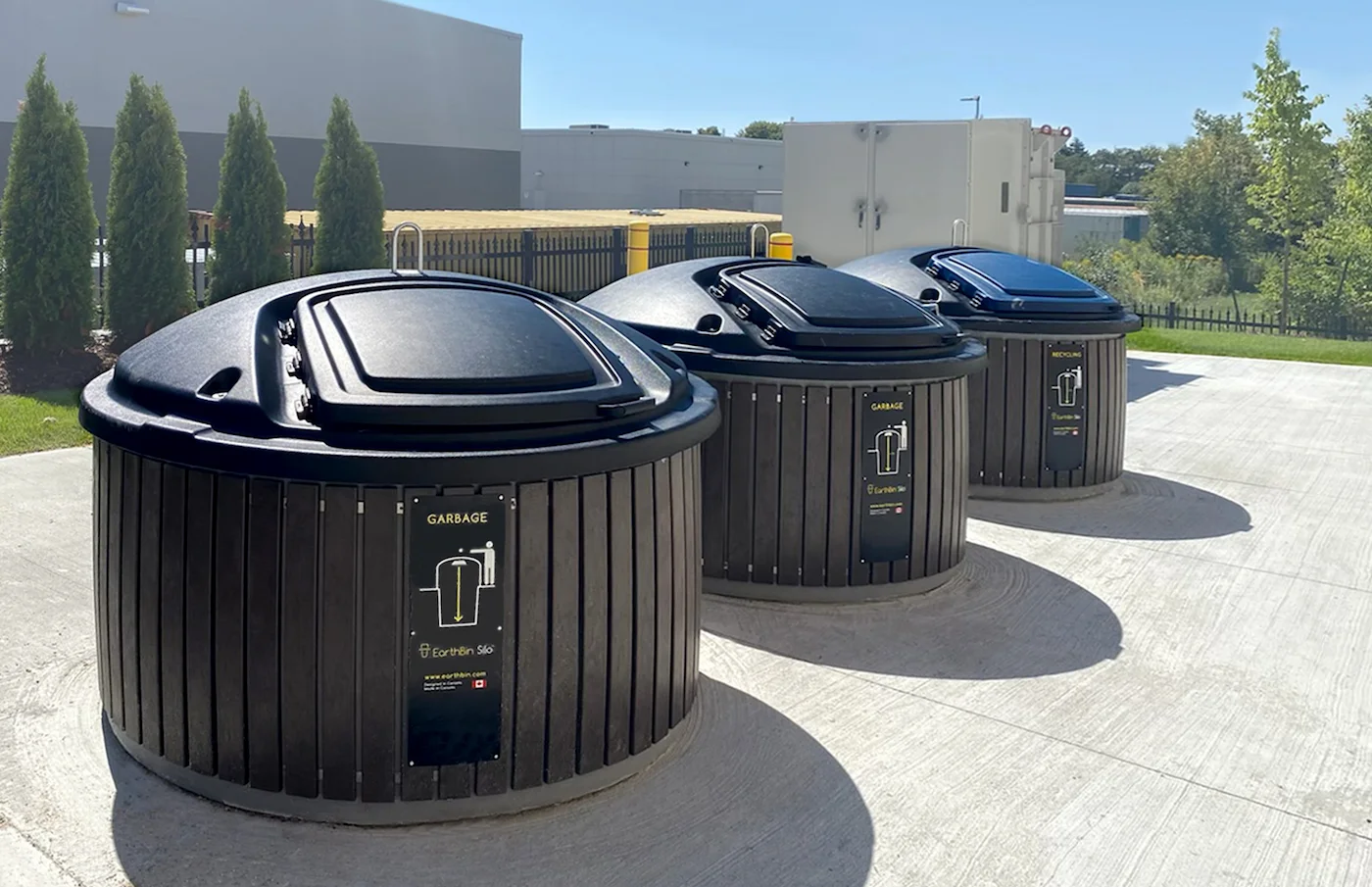 Three Silo by EarthBin crane-lifted units installed at a commercial facility